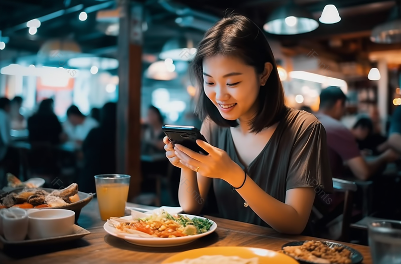 短发女人餐馆吃饭拍照美味菜肴,高清,摄影图,摄影图片,图片大全,摄影图免费下载